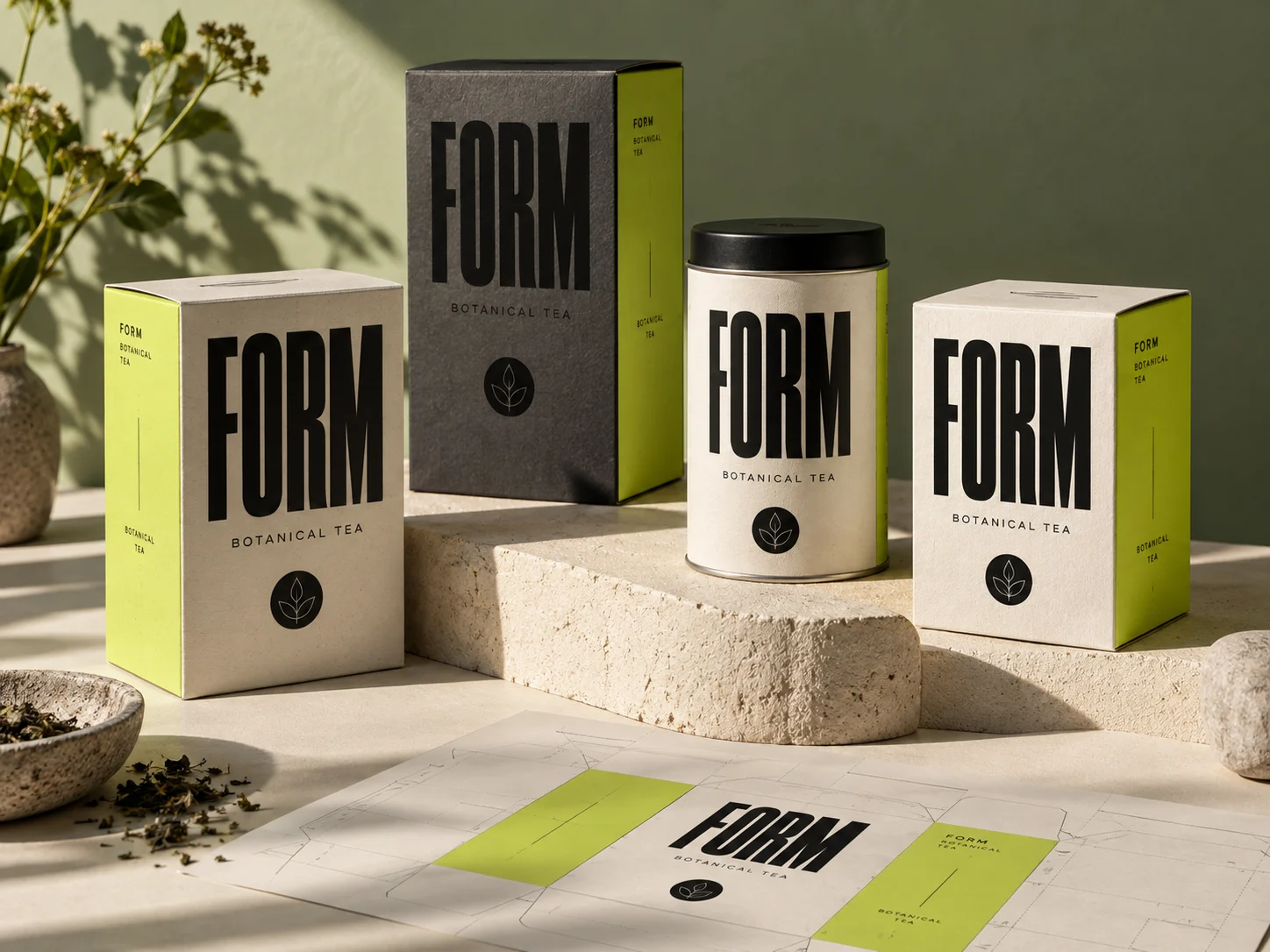 FORM için krem, siyah ve yeşil çay ambalaj tasarımları